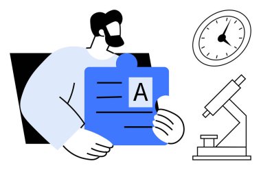 A, saat ve mikroskobu temsil eden mavi yapboz parçası elinde tutan adam işbirliği, araştırma, problem çözme, zaman yönetimi, eğitim, yenilik ve takım çalışmasını temsil ediyor. Basit bir daire.