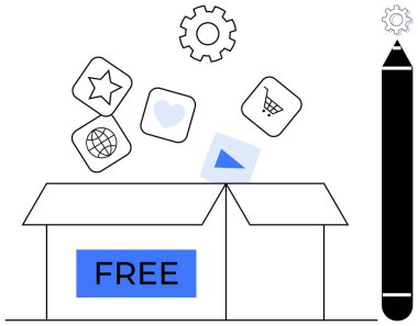 Alışveriş, kalp, dünya, vites ve kalem gibi uygulama simgeleriyle etiketlenmiş açık kutu. Yenilik, yaratıcılık, tasarım, tanıtım dijital araçları teknolojisi için idealdir. Çevrimiçi hizmetler sade