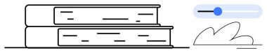 Yatay olarak dizilmiş iki kitap, mavi kalemli bir ilerleme kaydırıcı ve minimalist bir bulut. Eğitim, öğrenme, ilerleme, teknoloji, kütüphane bilgisi ve dijital araçlar için idealdir. Basit düz