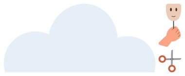 Büyük bir bulutun yanında, makasın yanında el ele tutuşan gülümseme maskesi. Anonimlik için ideal, çevrimiçi gizlilik, kılık değiştirme, çift kimlik, dijital güvenlik, gizli davranış, duygularını gizleme. Basit düz metafor