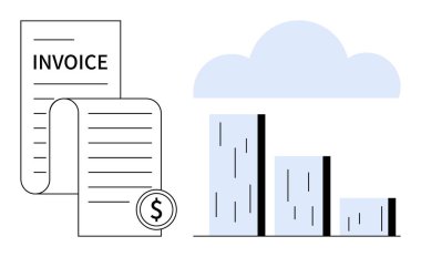 Dolar işaretli fatura ve baro tablosu bulutların altında. Finans, muhasebe, bulut teknolojisi, veri görselleştirme, iş analizi, dijital dönüşüm ve ekonomik trendler için idealdir. Basit düz
