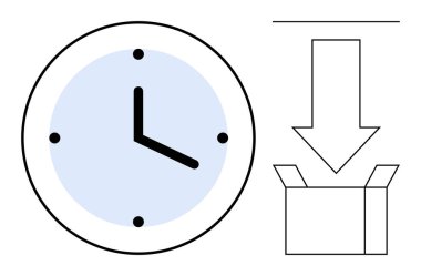 Cesur elleri ve noktaları olan bir saat, açık bir kutuyu işaret eden aşağı doğru ok. Zaman yönetimi, organizasyon, görev çizelgesi, son tarih planlaması, çalışma alanı verimliliği, depolama yönetimi için ideal