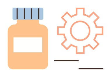 Çarkın yanındaki ilaç şişesi sağlık, verimlilik ve süreçleri simgeliyor. Tıbbi, ilaç, yenilik, sağlık sistemleri, strateji refah optimizasyonu konuları için idealdir. Basit.