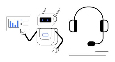 Kulaklığın yanında veri bulunan robot haritası. Müşteri desteği, analitik ve fütüristik teknolojiyi temsil ediyor. Yapay zeka, teknik destek, otomasyon, sohbet robotu, yenilik sektörü için ideal.