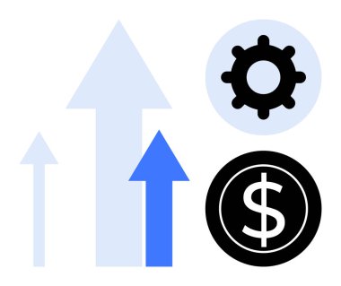 Yükselen üç ok büyümeyi gösterir. Bir dişli sanayi ve süreci sembolize ederken, bir dolar para ekonomik kazancı işaret ediyor. İş, finans, strateji, ilerleme, kalkınma ve yenilik için ideal basit