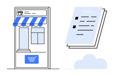 Çizgili tenteli, alışveriş arabası ikonu ve bir yığın dokümanı olan mobil mağaza önü. E-ticaret, perakende, çevrimiçi alışveriş, iş, teknoloji, süreç yönetimi ve dijital işlemler için ideal