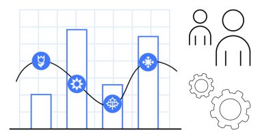 Mevsimlik simgelerle bar tablosu, trend çizgisi, şebeke arkaplanı. Vitesler ve insan figürleri iş akışını, takım çalışmasını simgeler. Analiz, iş süreçleri, işbirliği, planlama eğitimi için ideal