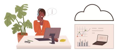 Profesyonel masasında bilgisayar, bulut grafikleri ve veri tabloları olan bir kulaklık takıyor. Müşteri hizmetleri, teknoloji, analitik, iletişim, uzaktan çalışma, basit bulut hesaplama