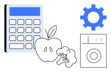 Hesap makinesi, elma, brokoli, dişli ve çamaşır makinesi teknoloji, sağlık ve verimliliği simgeliyor. Sağlık yönetimi, bütçe verimliliği yaşam tarzı teknoloji entegrasyonu için ideal