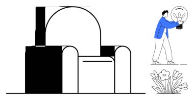 Etrafı ampul ve çiçek taşıyan bir insanla çevrili siyah beyaz bir koltuk. Mobilya, yenilik, yaratıcılık, doğa, yaşam tarzı, ev dekorasyonu, minimalizm için idealdir. Basit düz metafor