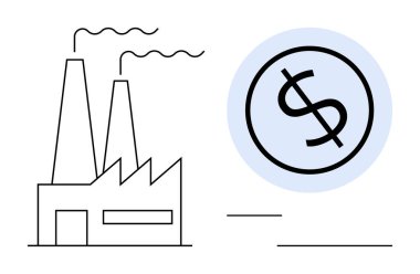 Bacaları duman çıkaran bir fabrika binası ve içinde dolar işareti olan bir daire. Temalar için ideal üretim, ekonomi, sanayi, kâr, ticaret, finans, sürdürülebilirlik. Basit.