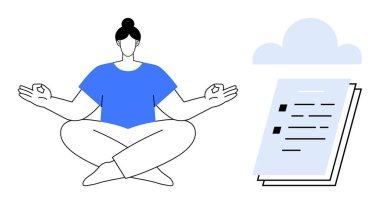Nilüfer çiçekli kadın bulutların ve kontrol listelerinin yanında meditasyon yapıyor. Farkındalık, verimlilik, dijital organizasyon, refah, kendine bakım, denge, iş hayatı uyumu için idealdir. Basit düz metafor