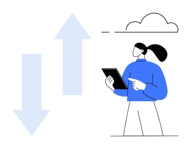 Elinde tablet tutan kadın, veri eğilimlerini yukarı ve aşağı oklarla analiz etmeye çalışıyor. Dijital konsept için bulut elemanı. Analiz, teknoloji, büyüme, finans, üretkenlik ve ticaret için ideal