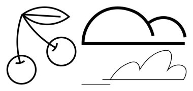 Soyut bulut şekillerinin yanında, temiz çizgili iki kiraz. Doğa, minimalizm, eko temalar, basitlik, tasarım, organik kavramlar, temiz görseller için idealdir. Basit düz metafor