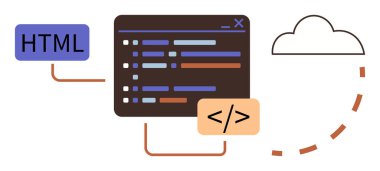 Renkli satırlı kodlama paneli, HTML ve kodlama etiketi simgeleri ve bulut sembolü. Programlama, web tasarımı, kodlama, yazılım, internet teknolojisi yeniliği için ideal. Basit düz metafor