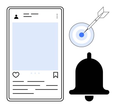 Akıllı telefon ekranında sosyal medya paylaşımı, uyarı zili ve hedefi vuran dart dartı. İletişim, sosyal medya, dijital etkileşim, bildirimler, kullanıcı bağlantısı, pazarlama hedefi