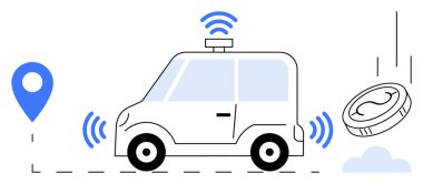 Otomatik çalışan araba, kablosuz sinyaller gönderiyor. Yer işaretleyicisi ve dijital para yanında. Navigasyon için ideal, akıllı arabalar, inovasyon, hareket kabiliyeti, teknoloji, ödeme entegrasyonu, gelecekteki iş seyahati, basit