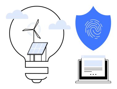 Güneş paneli ve rüzgar türbinli ampul, parmak izli kalkan ve sürdürülebilir enerjiyi, veri korumasını ve teknolojiyi sembolize eden laptop ekranı. Yenilenebilir teknoloji ve siber güvenlik için ideal.