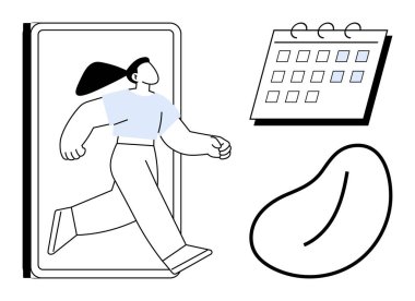 Akıllı telefondan güvenle çıkan bir kadın. Yakınlarda, işaretli tarihleri olan bir takvim ve bir fasulye sembolü eylem, planlama ve büyümeyi temsil ediyor. Yenilik, dönüşüm, zaman yönetimi, gelecek için ideal