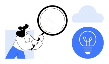 Mavi bir ampul ikonu ve bulutun yanında büyüteç tutan kadın. Yaratıcılık, problem çözme, yenilik, araştırma, kavramsal düşünce, fikir üretimi ve basit iniş sayfası için ideal