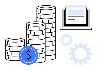 Dolar işaretli bozuk paralar, web sayfası gösteren dizüstü bilgisayarlar, finans, yatırım, teknoloji, karlılık, dijital ekonomi, iş çözümleri ve otomasyonu sembolize eden vites ögeleri. İdeal