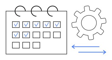 Görev tamamlamayı, işlem otomasyonunu sembolize eden dişlileri ve iş akışını gösteren okları temsil eden işaretli takvim. Üretkenlik, planlama, yönetim, otomasyon, organizasyon için ideal