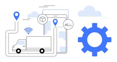 Kargo kamyonu dijital haritada lobut, vites ve bulut elementleriyle birlikte. Lojistik, tedarik zinciri, teknoloji, izleme, iş bağlantıları ve yenilik temaları için idealdir. Basit düz metafor