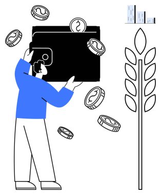 Düşen paralarla büyük bir cüzdan çalan bir adam. Tahıl sapı tarım bar tablosunu sembolize eder, büyüme ve gelir taşır. Finans, tasarruf, tarım, yatırım, tarım sektörü, ekonomi, basit