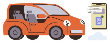 Kırmızı araba ve parmak izi erişimi olan akıllı telefon kilit açma işlemini gösteriyor. Akıllı teknoloji, otomotiv yeniliği, güvenlik, mobil uygulamaları, kolaylık, modern