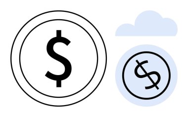 Açık mavi bir bulutun içinde daha küçük paraların yanında büyük paralar. Finans, ekonomi, para transferi, tasarruf, yatırım, dijital para birimi, fintech için ideal. Basit düz metafor