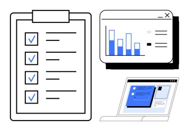 Pano kontrol listesi, grafikli analitik panel ve arayüzlü dizüstü bilgisayar. Üretkenlik, proje planlaması, iş analizi, veri görselleştirme, iş akışı, karar vermek için ideal