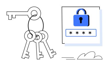 Şifre korumalı kilitle eşleştirilmiş bir yüzüğün anahtarları güvenlik, veri koruması ve erişimi vurguluyor. Şifreleme, siber güvenlik, güvenlik, kimlik doğrulama, gizlilik güveni için ideal. Basit düz metafor