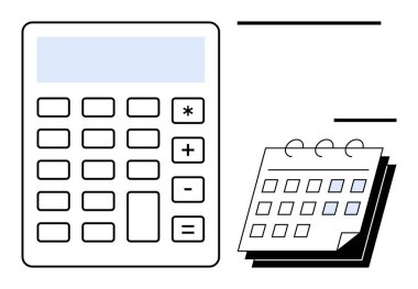 Hesaplayıcı ve spiral takvim yan yana, bütçe yönetimi, zaman yönetimi ve organizasyonu sembolize ediyor. İş takvimi, kişisel finans, muhasebe, verimlilik ve planlama için ideal