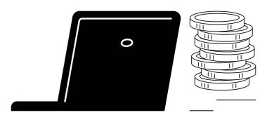 Bir yığın madeni paranın yanında dizüstü bilgisayar online kazancı, dijital ekonomiyi ve finansal işlemleri sembolize eder. İş, finans, e-ticaret, yatırım, çevrimiçi bankacılık, basit bir daire için ideal