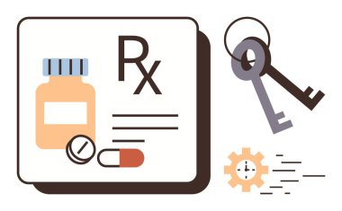 İlaç şişesi, hap, anahtar ve saat teçhizatı reçetesi sağlık, güvenlik ve zaman verimliliğini simgeliyor. Sağlık hizmetleri için ideal, verimliliğe erişim, rutin planlama. Basit düz