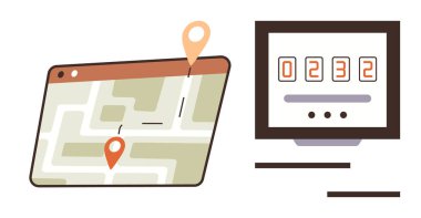 Sayısal bir sayaç gösteren bir monitörün yanında bir rota gösteren konum işaretleyicileri haritası. Navigasyon, seyahat, izleme, teknoloji, ilerleme, analitik ve lojistik için ideal. İletme