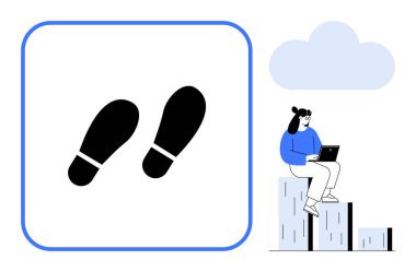 Mavi çerçevedeki ayak izi simgesi, bir bulut altında yürürken dizüstü bilgisayar kullanan bir kadınla birlikte. Navigasyon, ilerleme, hedef belirleme, üretkenlik, öğrenme, kendini geliştirme için ideal, basit düz