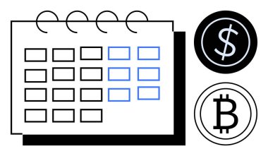 İşaretli tarihli takvim, dolar ve bitcoin ikonları para yönetimi, finansal planlamayı temsil ediyor. Finans, bütçe, ekonomi, tasarruf, yatırımlar, kripto para birimi zamanlaması için ideal