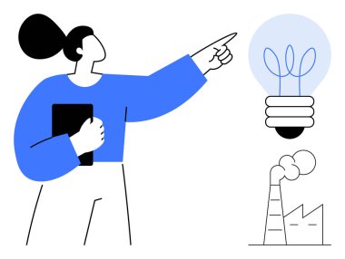 Kadın elinde tablet tutarken fabrikanın üstündeki enerji tasarruflu ampulü işaret ederek duman yayıyor. Sürdürülebilirlik, yenilik, eko-farkındalık, enerji verimliliği, yeşil teknoloji, iş