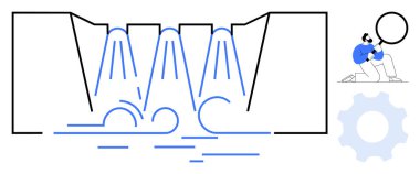 Türbinlerden su çıkaran baraj yapısı, mühendislik analiz süreci, dişli elementleri temsil etme. Enerji üretimi, hidroelektrik, mühendislik, sürdürülebilirlik, yenilik ve yeşil için ideal