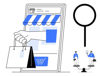 Akıllı telefonlardan çıkan el alışveriş torbaları, büyüteç aramayı sembolize ediyor, bireyler kararları tartıyor. E-ticaret için ideal, çevrimiçi alışveriş, tüketici seçimi, dijital perakende