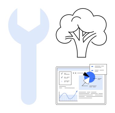 Anahtar, ağaç onarım ve sürdürülebilirliği sembolize eder ve analitik verilerle ekranı gösterir. İş için ideal, sürdürülebilirlik, web çözümleri, yönetim, analitik, strateji basit iniş sayfası