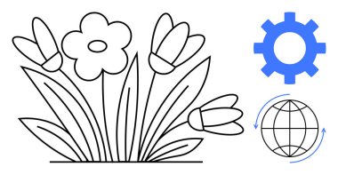 Çiçekler, mavi dişli ve oklu kürenin yanında çizimler. Sürdürülebilirlik, doğa, yenilik, teknoloji, çevre dostluğu, takım çalışması geliştirme için idealdir. Basit bir düz metafor.