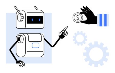 Robot, otomasyon, yapay zeka ve teknolojiyi vurgulayan iki vites elementiyle insan elinden para alıyor. Fintech, robotik, yenilik, e-ticaret, makine öğrenme dijital işlemleri için ideal
