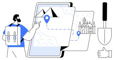 Gezgin, dağlarla şato arasında seyahat araçlarıyla çevrili bir rotayı gösteren dijital bir haritayı işaret ediyor. Seyahat planlama, keşif, macera, haritalama, turizm, navigasyon için ideal