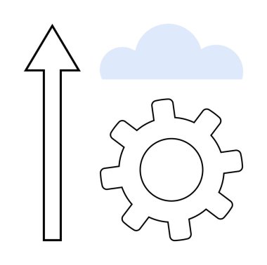 Yukarı doğru ok, bulut ve dişliler büyümeyi, yeniliği, bulut teknolojisini ve optimizasyonu simgeliyor. Teknoloji, geliştirme, veri bulut hesaplama iş büyüme stratejisi kariyeri için ideal