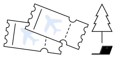 İki uçak bileti, bir çam ağacı ve online tatil rezervasyonu, seyahat planı veya eko-turizm öneren bir laptop. Seyahat, tatil, tatil planlama, çevrimiçi eko-turizm rezervasyonu için ideal