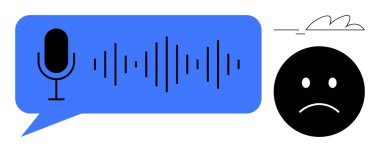 İçinde ses dalgası olan mikrofon konuşma balonu ve üzgün yüz hayal kırıklığını ya da iletişim sorunlarını iletir. Teknik hatalar, geri bildirim, duygusal tepki, yapay zeka, ses teknolojisi, kullanıcı için ideal