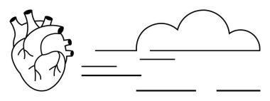 Anatomik kalp hareketlilik ve akışı gösteren dinamik çizgilerle bir buluta dönüşüyor. Sağlık, duygu, bağlantı, dönüşüm, yaratıcılık, hayal gücü, farkındalık için idealdir. Basit düz