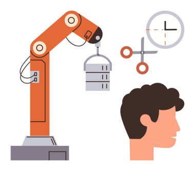 Robot kol kaldırma, makas kesme konsepti ve insan profili. Otomasyon, endüstri, zaman yönetimi, verimlilik, yenilik teknolojisi için ideal. Basit düz
